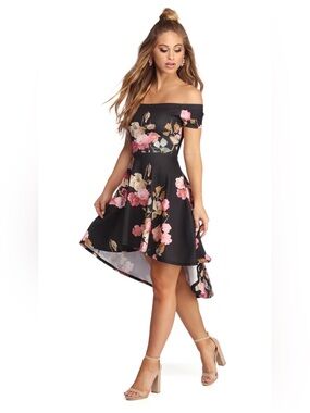 NWOT | Windsor Black One-Shoulder Floral High-Low Dress, Size S